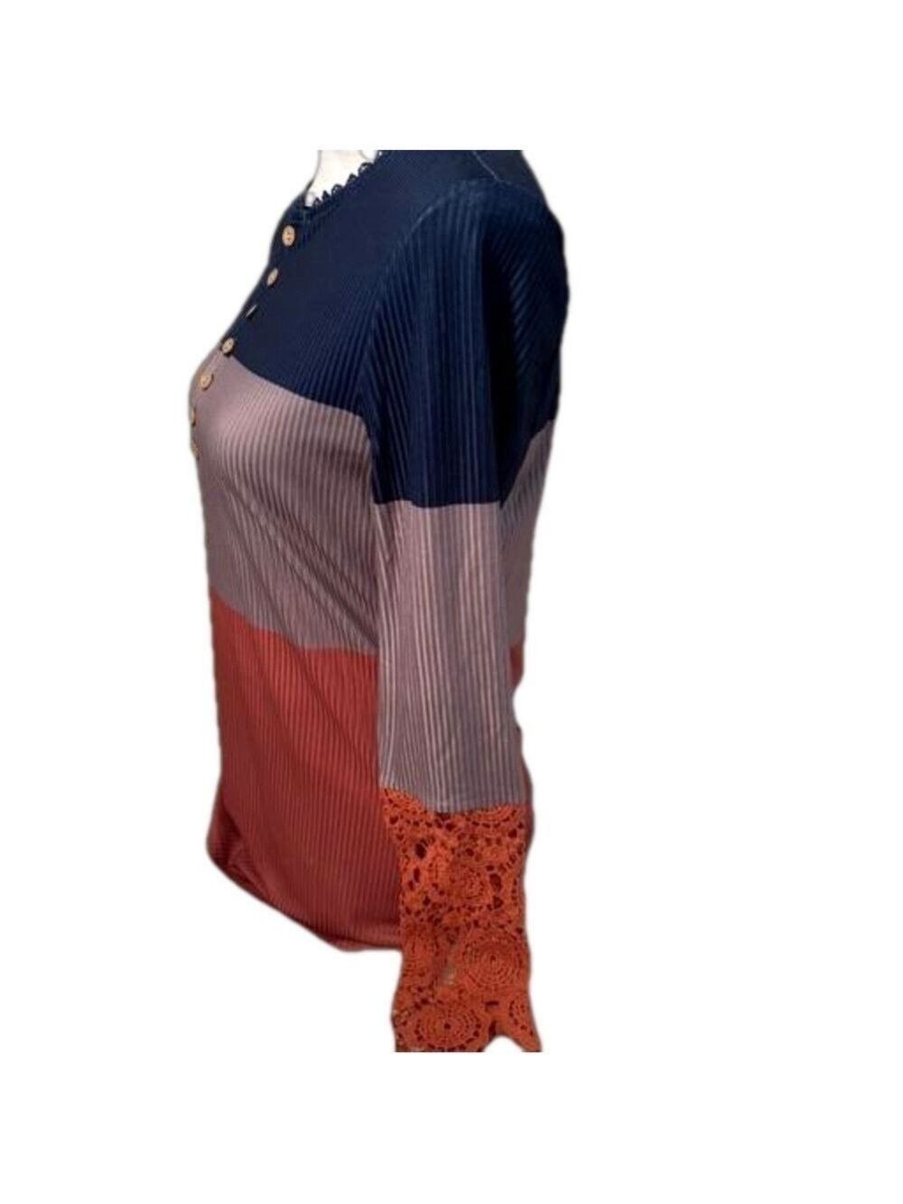 Colorblock Henley Lace Sleeve Top Navy, Dusty Mauve,Coral Size Small Ribbed Knit - Picture 3 of 9